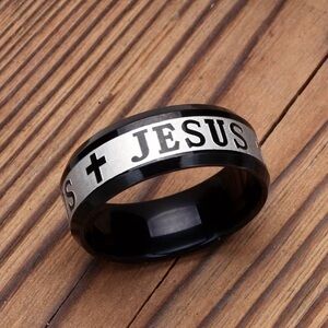 Black Stainless and Silver Color Jesus Cross Ring Size 9
